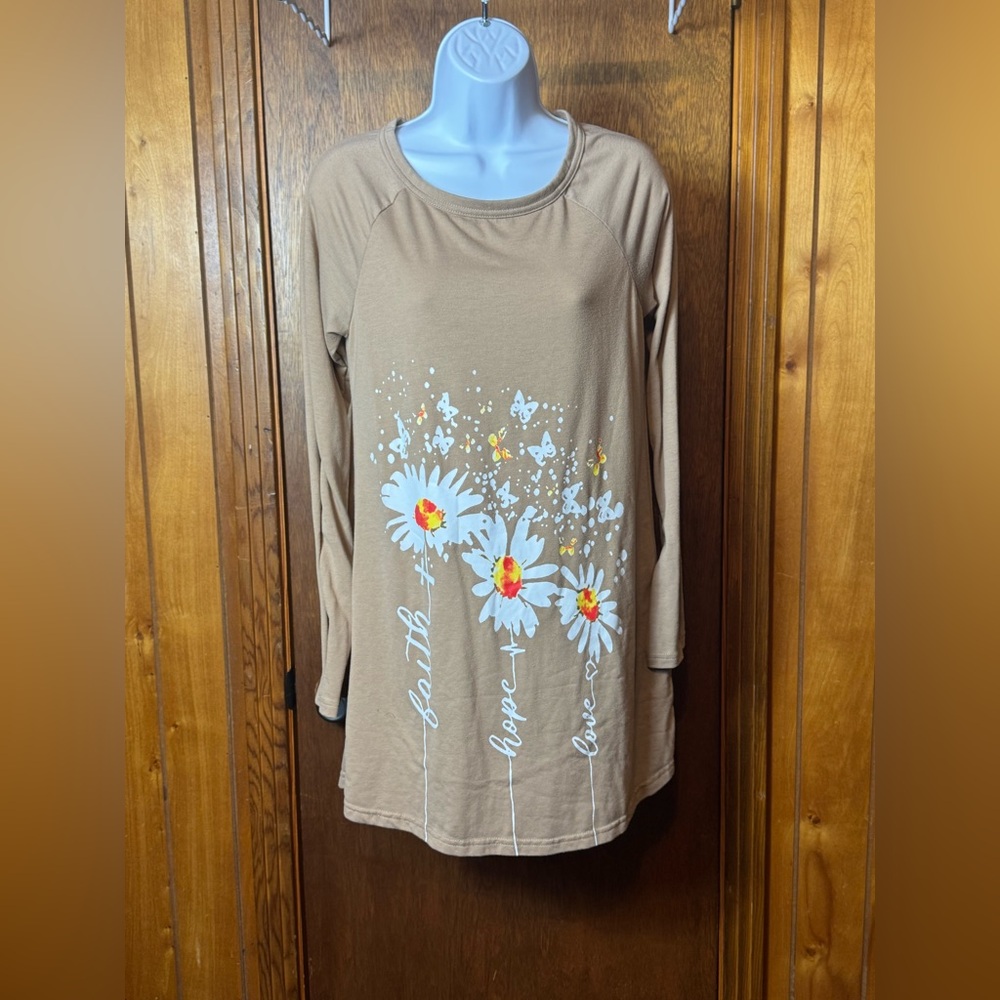 Floral Print Long Sleeve Top - Tan - Faith-Hope-Love - S